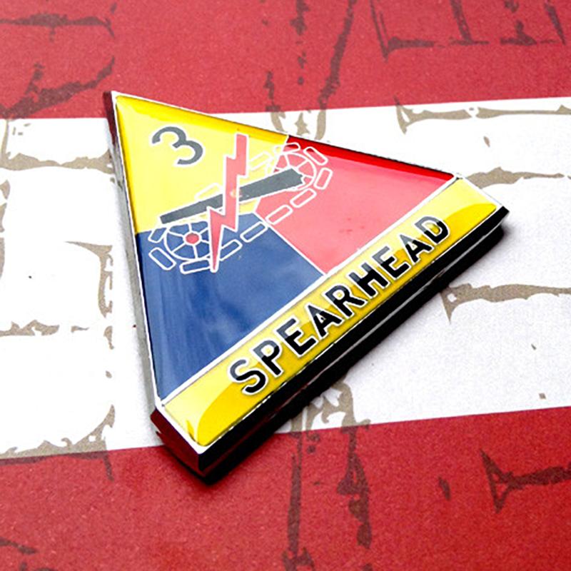 Full Color 3rd Armored Division Spearhead Metal Car Emblem, slightly pointing left on a red and white background