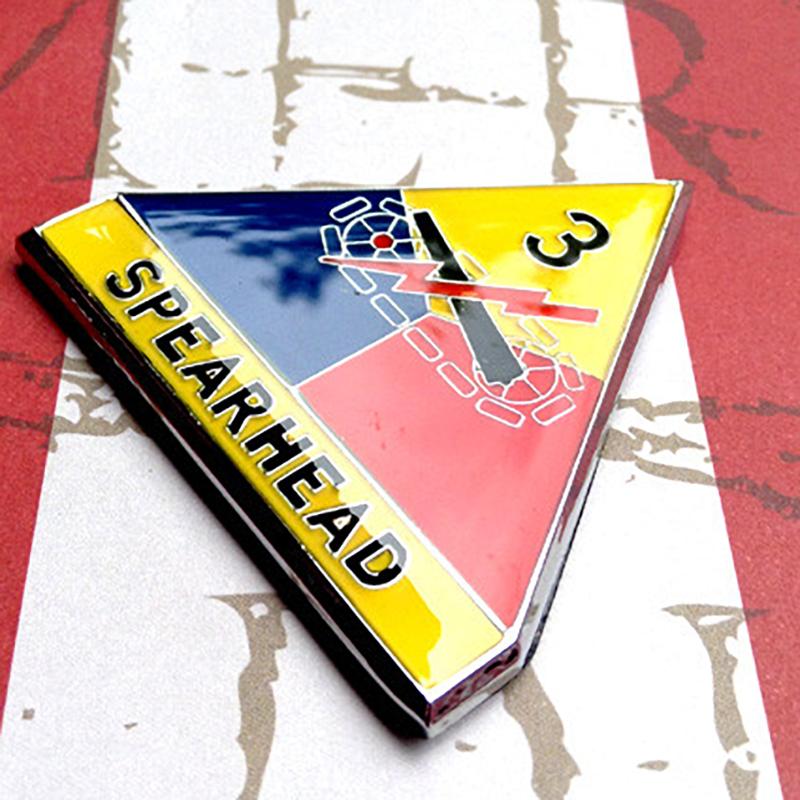 Full Color 3rd Armored Division Spearhead Metal Decal on a red and white background