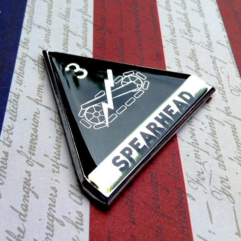 Black Chrome 3rd Armored Division Spearhead Metal Decal on Red, White and Blue Background