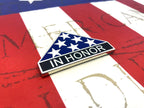 In Honor Flag Emblem with a blue, white, and black color scheme on a background resembling an American flag with the text 'IN HONOR' displayed prominently.