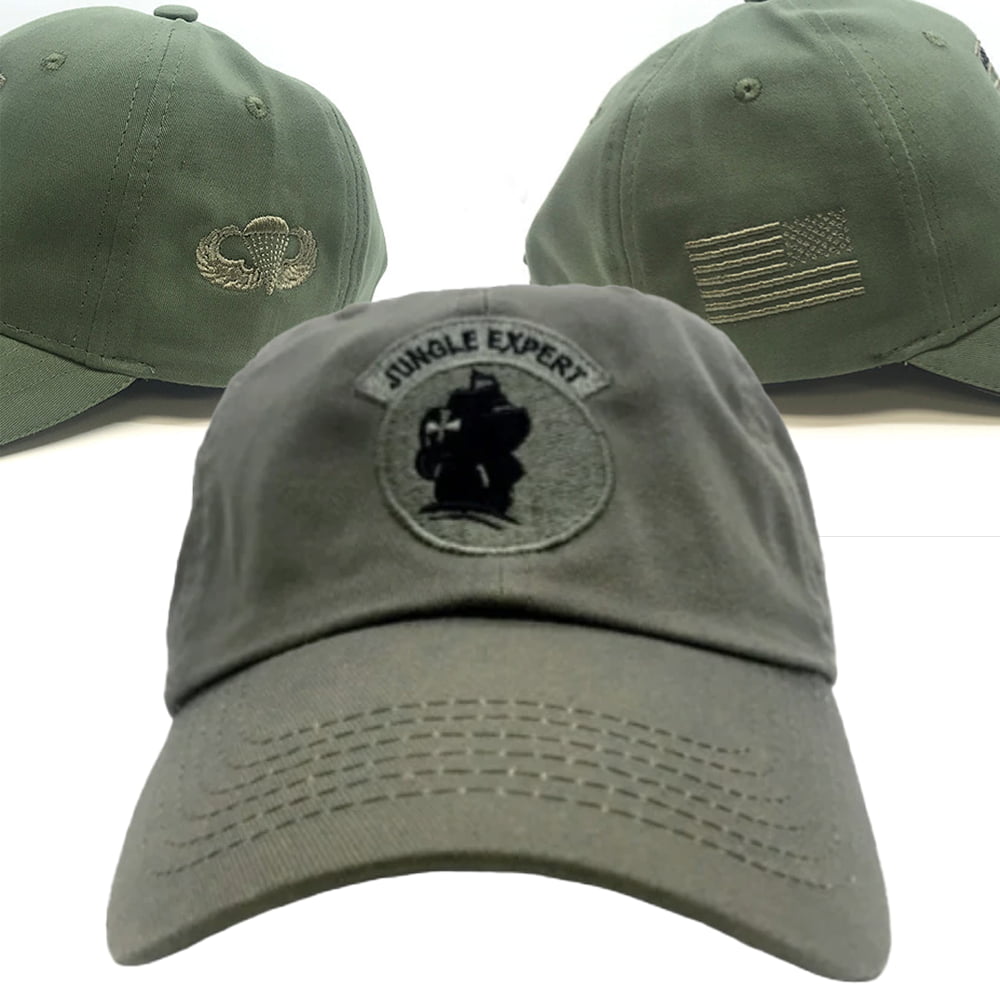 Three green baseball caps with different emblems on a white background