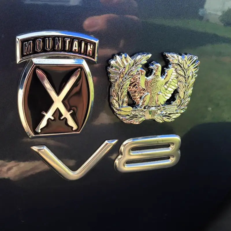 Warrant Officer Eagle Rising Metal Car EmblemWith 10th Mountain Division Decal on a Black Truck Fender