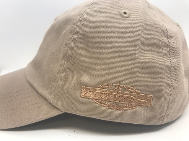 Khaki cap with embroidered combat infantry badge second award design on a white background
