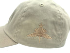 Khaki cap with embroidered senior halo badge design on a white background