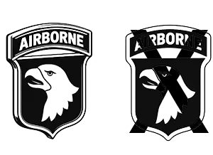 Two black and white military-style airborne insignia emblems on a plain white background, one showing a standard eagle head with the word AIRBORNE and the other crossed out with an X.