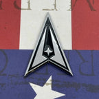 Black and silver US Space Force Metal Auto Decal emblem on a flag background
