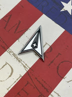 US Space Force Metal Emblem on American Flag
