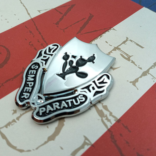 12th Cavalry Regiment “Always Ready” Metal Car Emblem Facing Rigjt on a Red, White and Blue Background