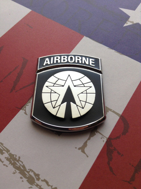 16th Military Police MP Brigade Metal Decal Black and Chrome on a Red. White and Blue Background