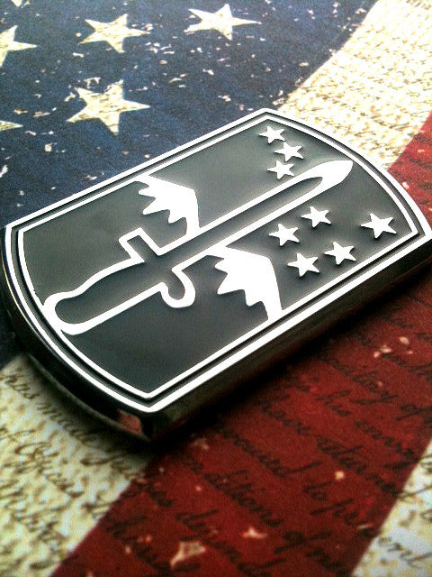 172nd Infantry Brigade Metal Car Emblem Facing Right on a Red, White andlue Background