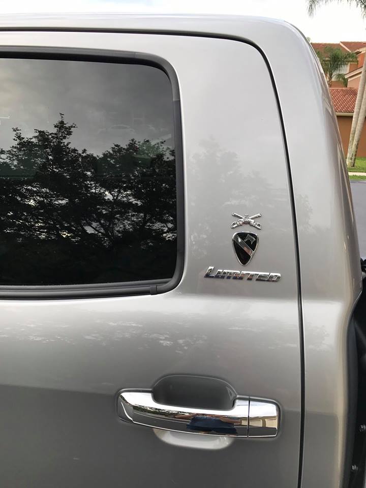 Armor Branch Insignia Metal Car Emblem on a silver truck door