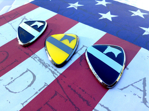 1st Cavalry Division Metal Auto Emblem One Full Color and Two in Black and Chrome on a red, white and blue background