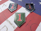 Set of 3 1st Infantry Division Metal Car Emblems on an american flag, 2 are Red and Chrome