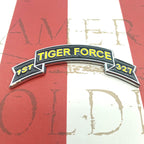 Tiger Force 1/327th Infantry Metal Decal Scroll Only on a red and white background