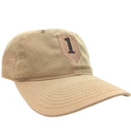 Tan baseball cap with a patch featuring the number '1' on a white background