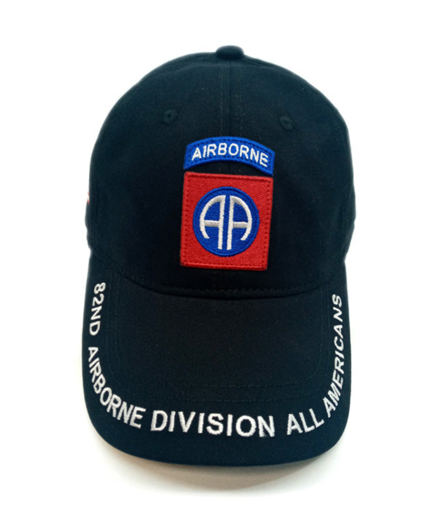 82 Airborne Division All Americans Baseball Cap in Black with US Flag Facif Foward on a white background