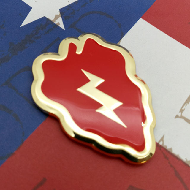 25th Infantry Division Metal Decal Gull Color Angled to the Right on a patriotic background