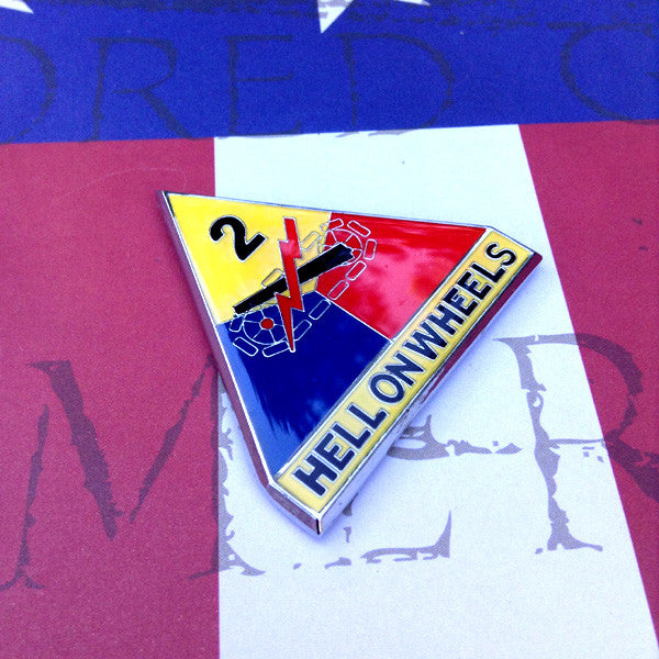 Full Color 2nd Armored Division Hell on Wheels Metal Car Emblem on a red, white and blue background