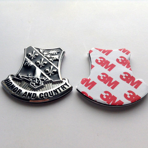Unit Crest with Honor and Country on a white background next to a 3M sticker
