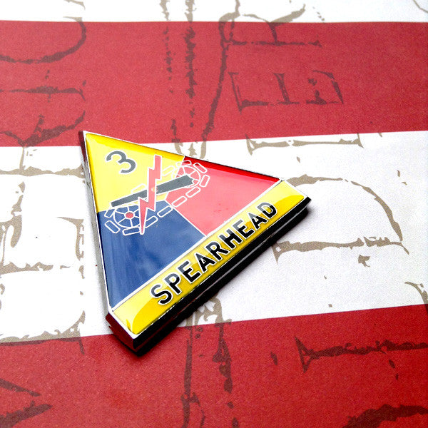 Full Color 3rd Armored Division Spearhead Metal Car Emblem Angled Ledt on Red and White Background