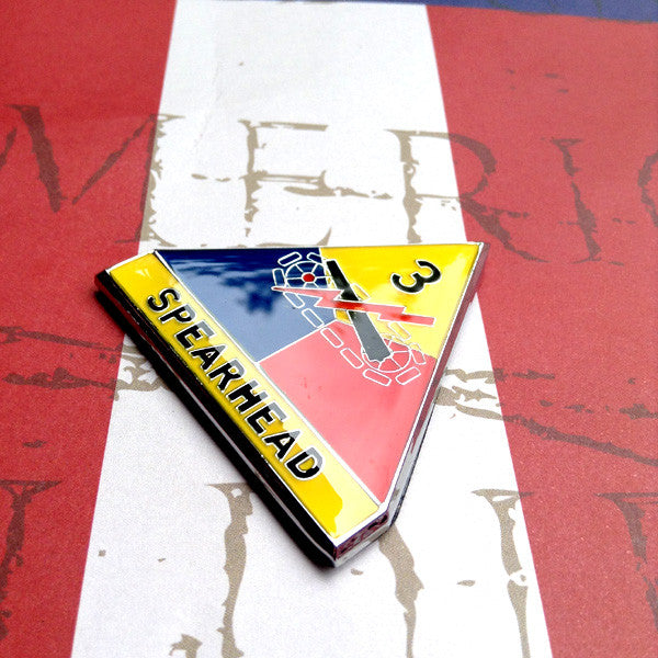 3rd Armored Division Spearhead Metal Car Emblem Angled Left on Red, White and Blue Background
