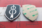 8th Infantry Division Metal Auto Emblem With 3M Adhesive Side on a red and white background