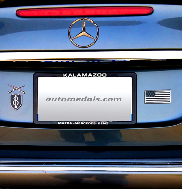 8th Infantry Division Metal Auto Emblem on a Blue Mercedes Trunk