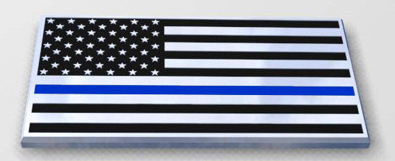 US Flag Thin Blue Line Metal Decal Black, Chrome and Blue on a White Background Slanted
