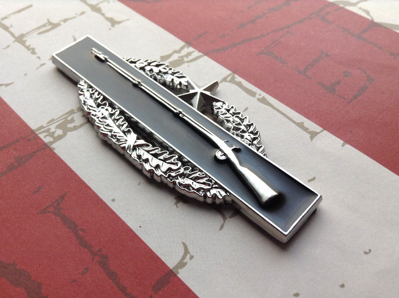 Black and Chrome Combat Infantryman Badge 2nd Award CAB Metal Decal Angled to The Right