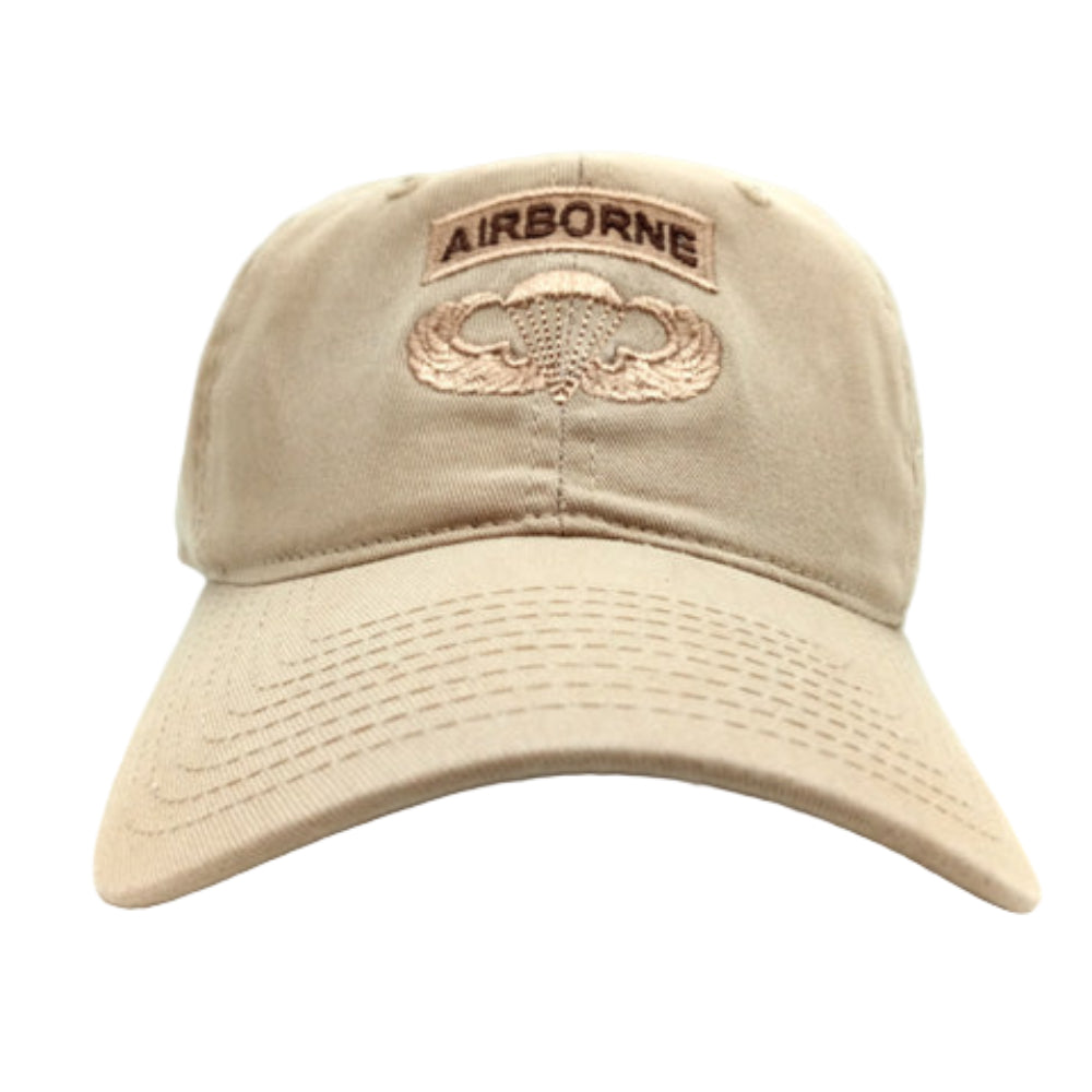 Airborne Khaki Baseball Cap with Jump Wings Facing Forward for a front view
