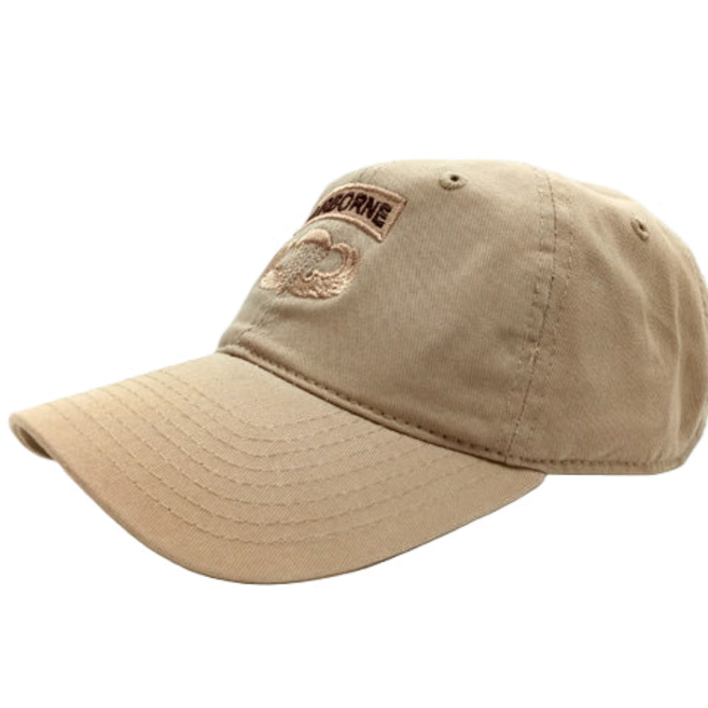 Airborne Khaki Baseball Cap Facing Left on a White Background