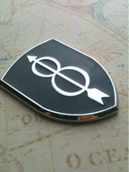 8th Infantry Division Metal Auto Emblem Angled to the Right on a map background