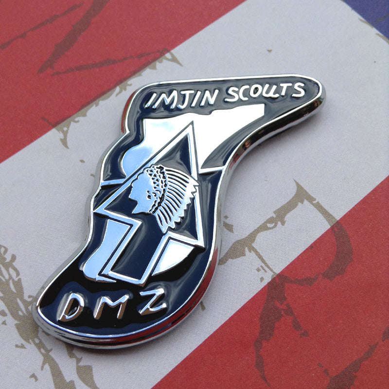 Metallic badge with 'IMJIN SCOUTS' and 'DMZ' text on a red and white background