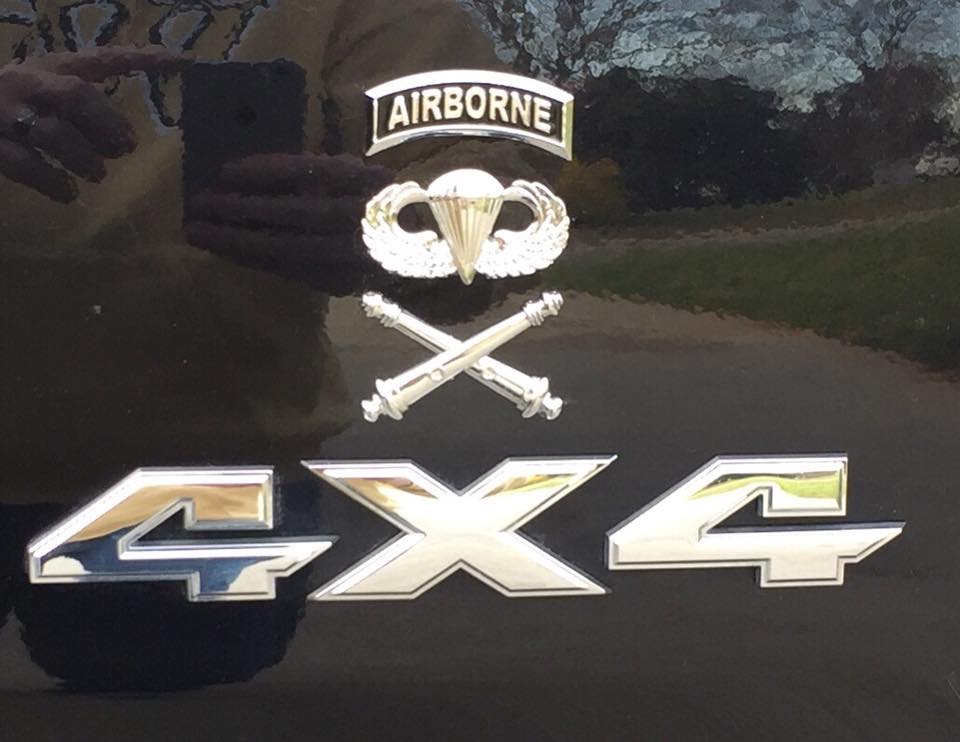 Airborne Decal with Jump Wings and Field Artillery Branch Metal Decals above a 4X4 Chrome  Decal