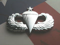Senior Parachutist Badge Metal Decal Replica Badge on a Red, White and Blue Background