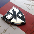 75th Ranger Regiment Crest Metal Decal on Red White and Blue Background