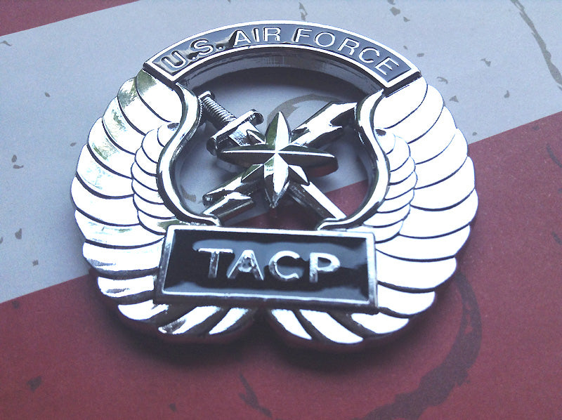 TACP Metal Car Emblem Tactical Air Control Party Decal Picture at a slight angle